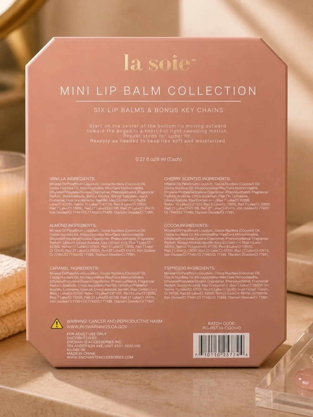 La Soie Mini Lip Balm Collection Gift Set with 6 Keychains NIB